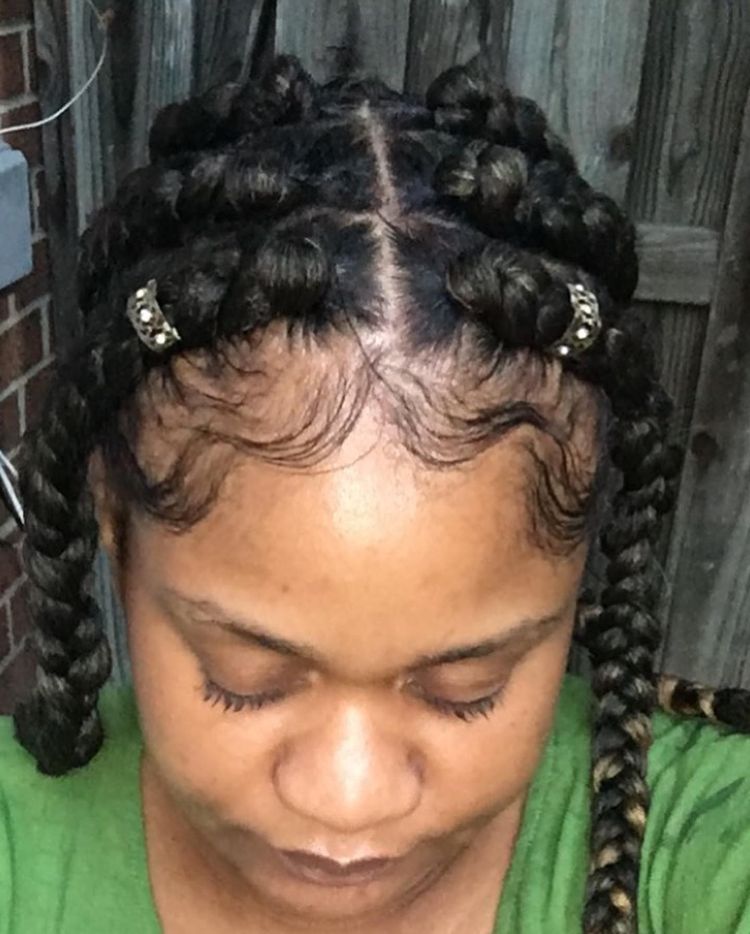 Brown-skinned African american girl. goddess braids two, box braids, short w/ ponytail, updos. how to do goddess braids.