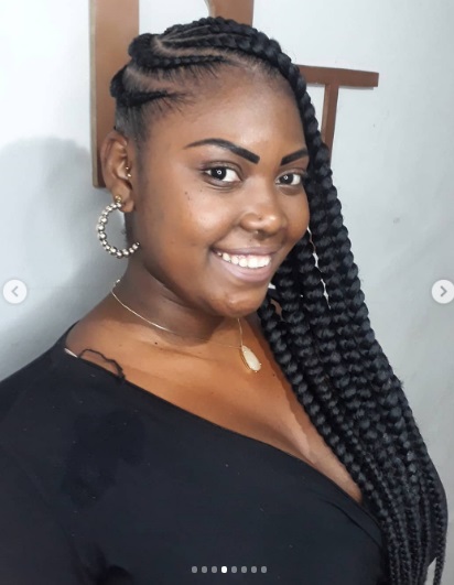 Brown-skinned African american girl. Cute Lemonade braids styles on pretty black woman. Lemonade braids.