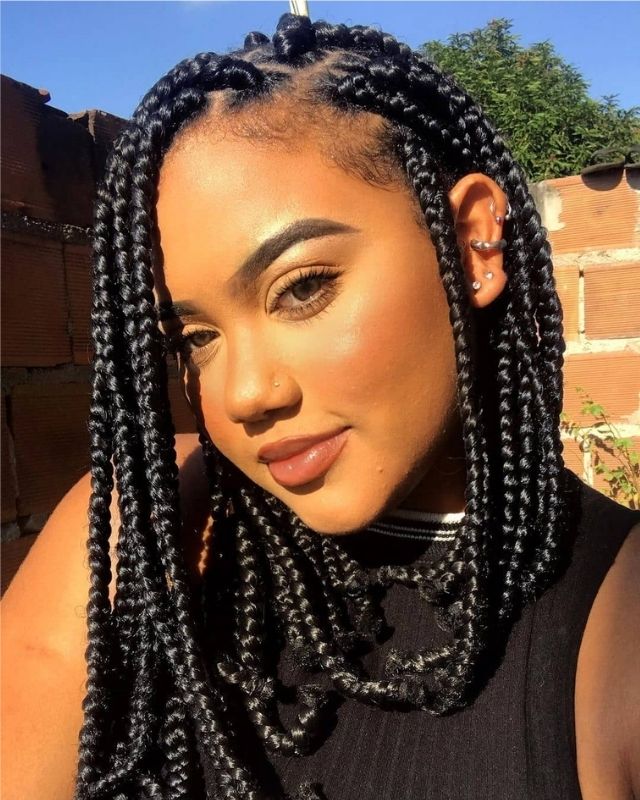Medium Box braid ponytails protective styles for natural hair braids latest halo box braids for black women weddings. See updos on medium-length to long hair, simple styles with no weave edges