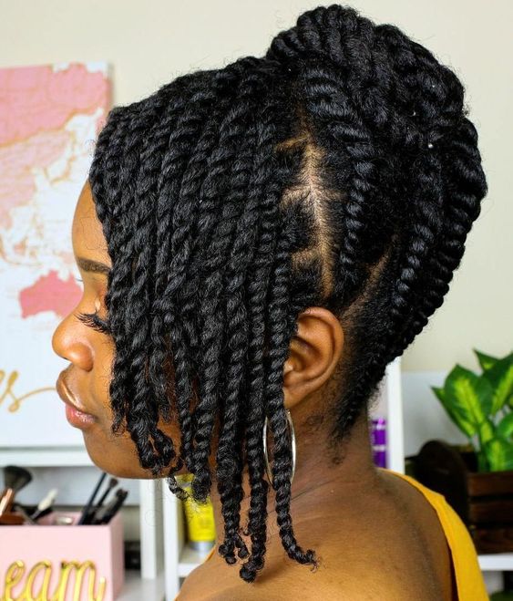 Upswept Updo with Twisted Layered Bangs. The shorter layered twists look great, it’s a perfect example of modern easy protective hairstyles. Super cute and you can...