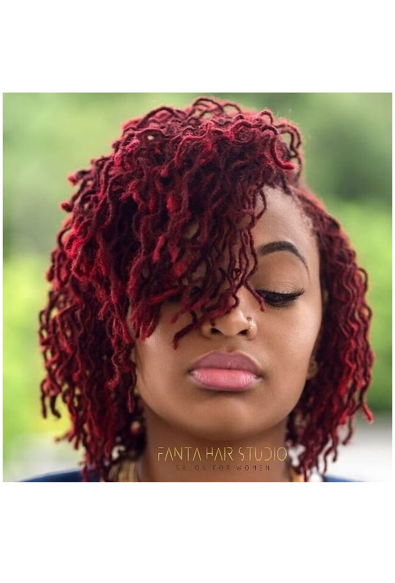 red sisterlocks styles on black woman.