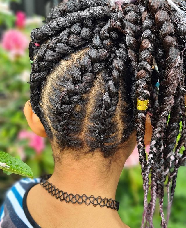 Childrens feed-In stitch braids, two feed in braids, small feed in braids ponytail, 6 feed in braids with box braids