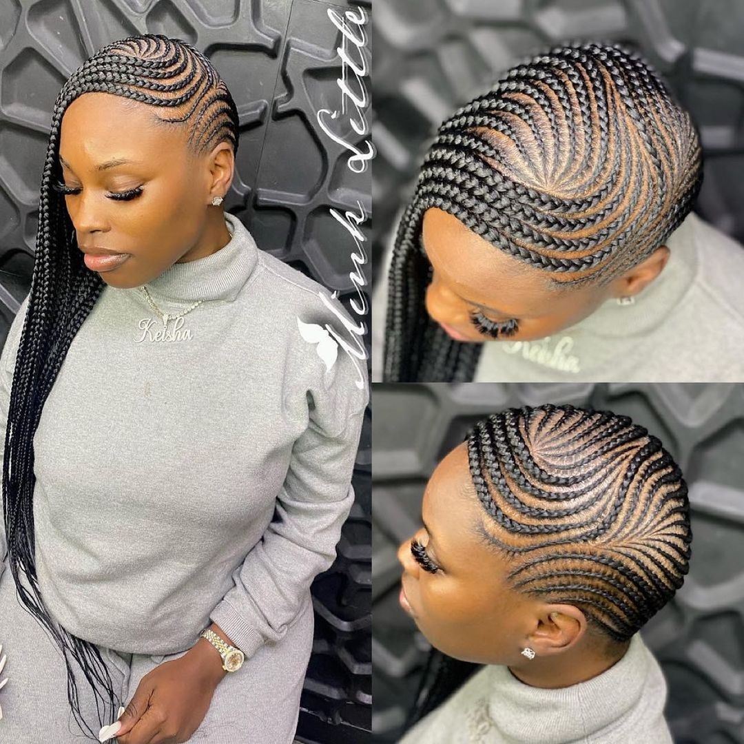 feed-In stitch braids, two feed in braids, long feed in braids ponytail, 6 feed in braids with box braids