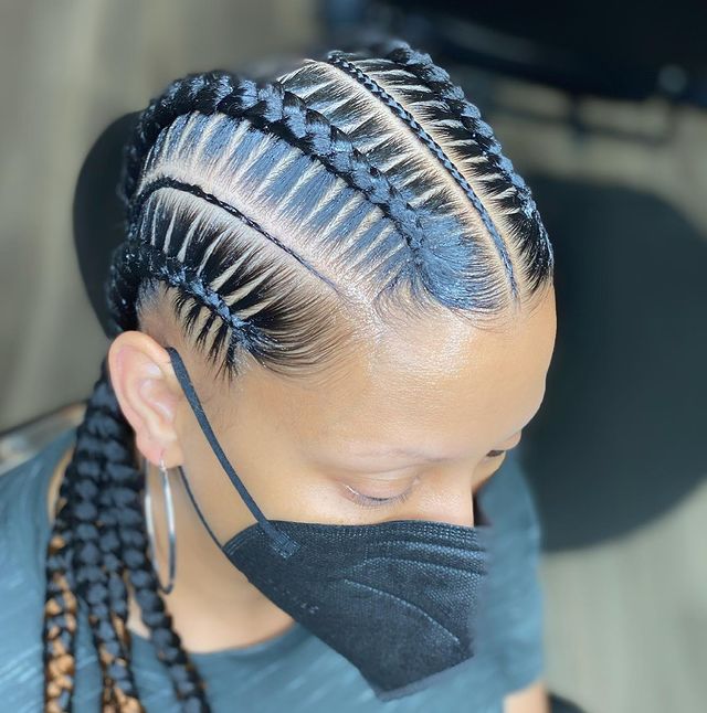 mask feed-In stitch braids, two feed in braids, small feed in braids ponytail, 6 feed in braids with box braids