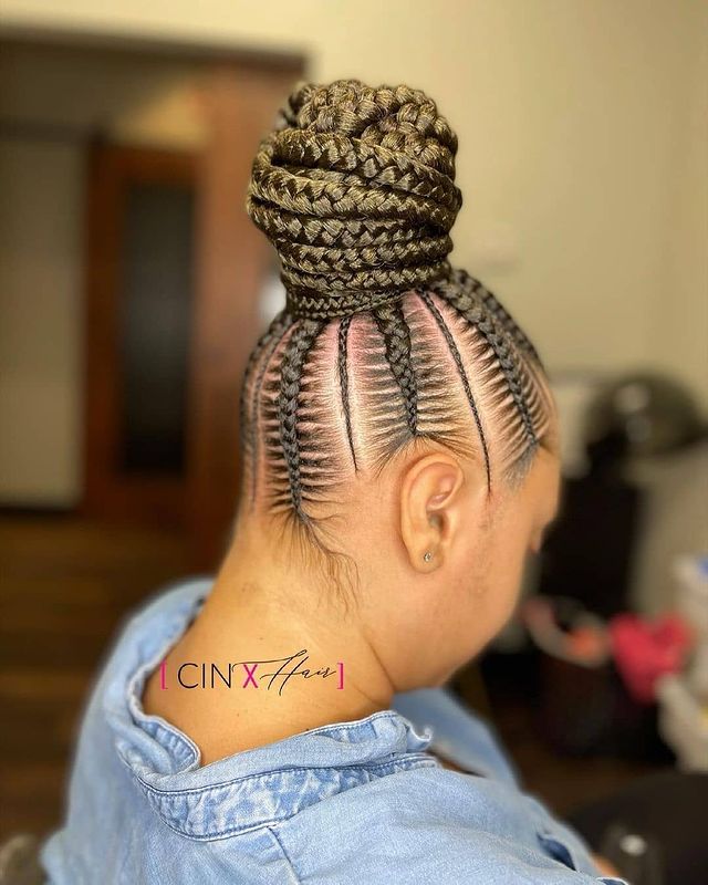 Updo feed-In stitch braids, two feed in braids, small feed in braids ponytail, 6 feed in braids with box braids