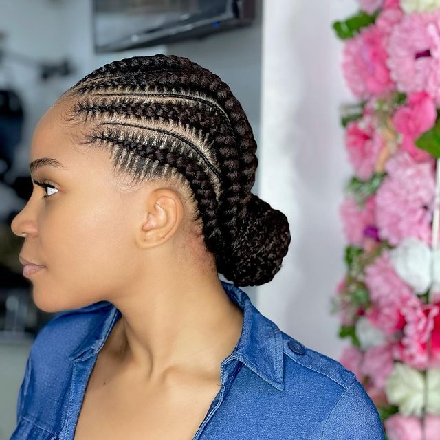 Bun feed-In stitch braids, two feed in braids, small feed in braids ponytail, 6 feed in braids with box braids