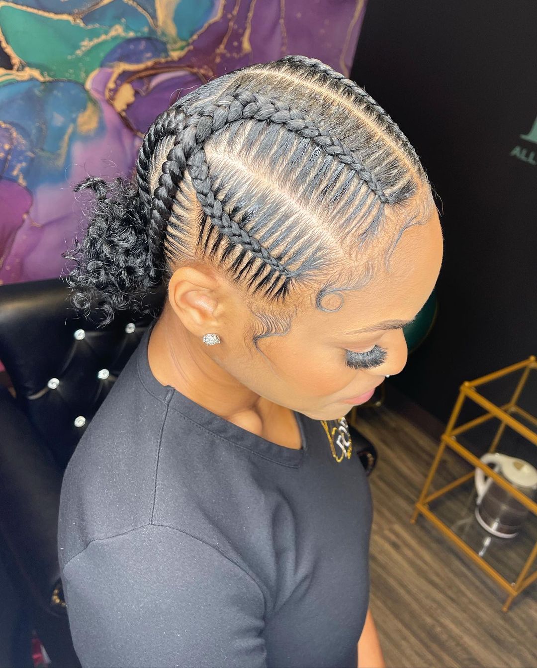 feed-In stitch braids, two feed in braids, small feed in braids ponytail, 6 feed in braids with box braids