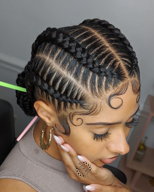 Edges feed-In stitch braids, two feed in braids, small feed in braids ponytail, 6 feed in braids with box braids