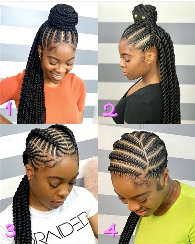 Collage feed-In stitch braids, two feed in braids, small feed in braids ponytail, 6 feed in braids with box braids