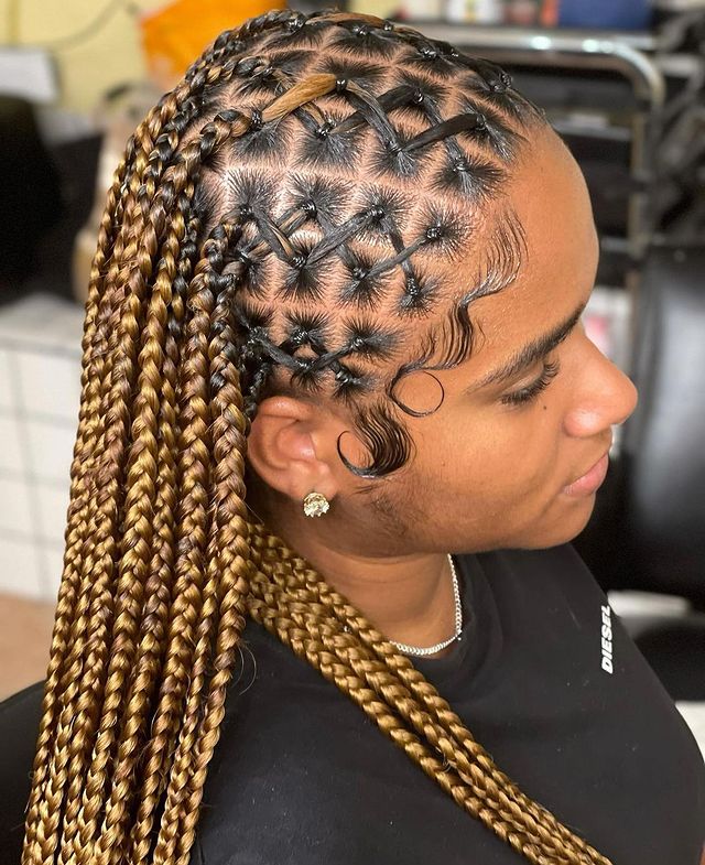 Pineapple feed-In stitch braids, two feed in braids, small feed in braids ponytail, 6 feed in braids with box braids
