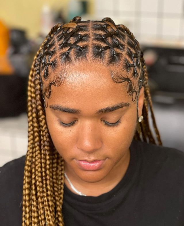 feed-In stitch braids, two feed in braids, small feed in braids ponytail, 6 feed in braids with box braids   
 Colored tinted dyed ombre.