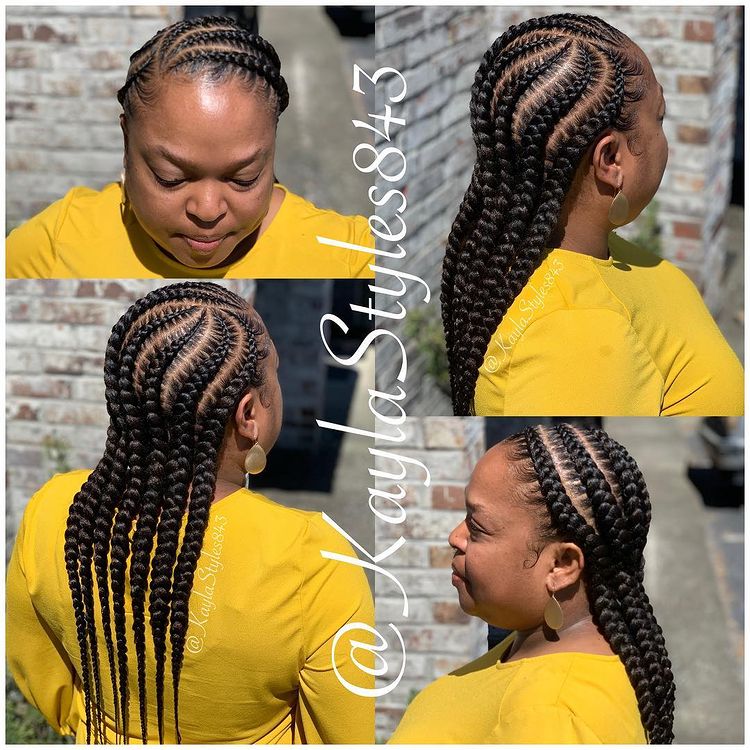 goddess braids two, box braids, short w/ ponytail, updos. how to do goddess braids. Yellow shirt.