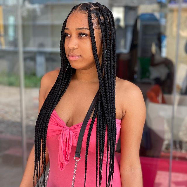 Jumbo Box Braid Hairstyles for Black Women... Large and long.Girls black braided hairstyles for girls kids double bun