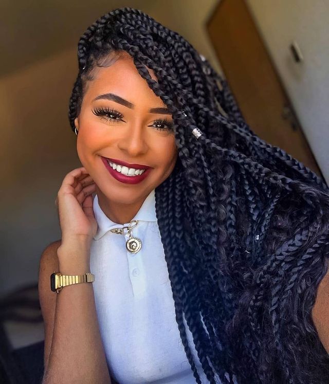 Jumbo Box Braid Hairstyles for Black women. See large Braided Hairstyles protective styles for natural hair braids, great updo for vacation. great for swimming too.