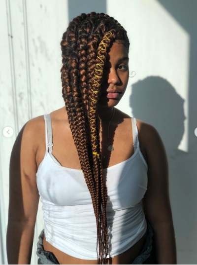 Cute long Lemonade braids styles on pretty black woman.