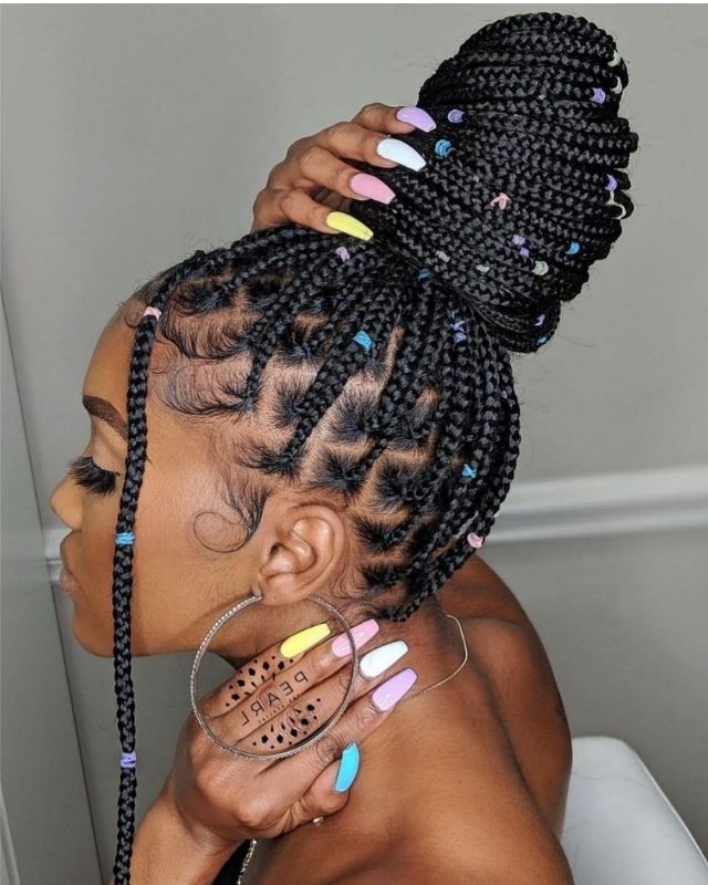 Medium Box Braid Updo Bun w/ Beads, accesories and Sleek gelled edges...