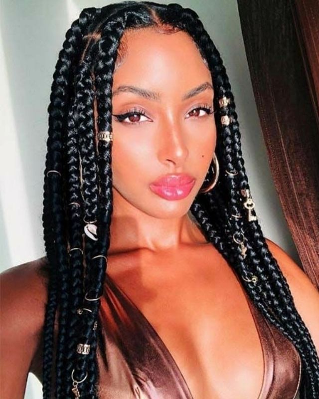 medium Box Braid Hairstyles for Black women. Get professional salon ideas, see faux loc, crochet knotless box braids...